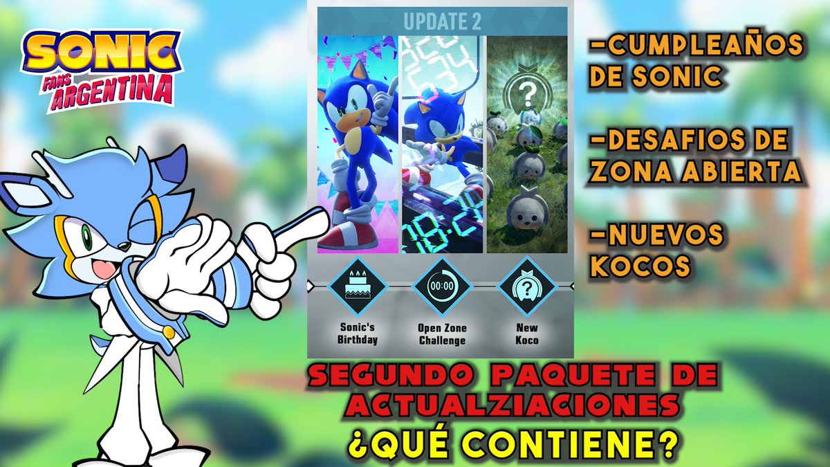 SFArgOficial's tweet photo. 🔵¡Les traemos el segundo paquete de la actualización anunciada de #SonicFrontiers y este promete mucho más que el anterior!

#SonicFrontiers #Sonic #SonicTheHedgehog #Kocos #Cumpleaños #Sega #ZonaAbierta #SonicNews #SonicNoticias #OpenZone #SonicFansArgentina https://t.co/kM1coCDs0z