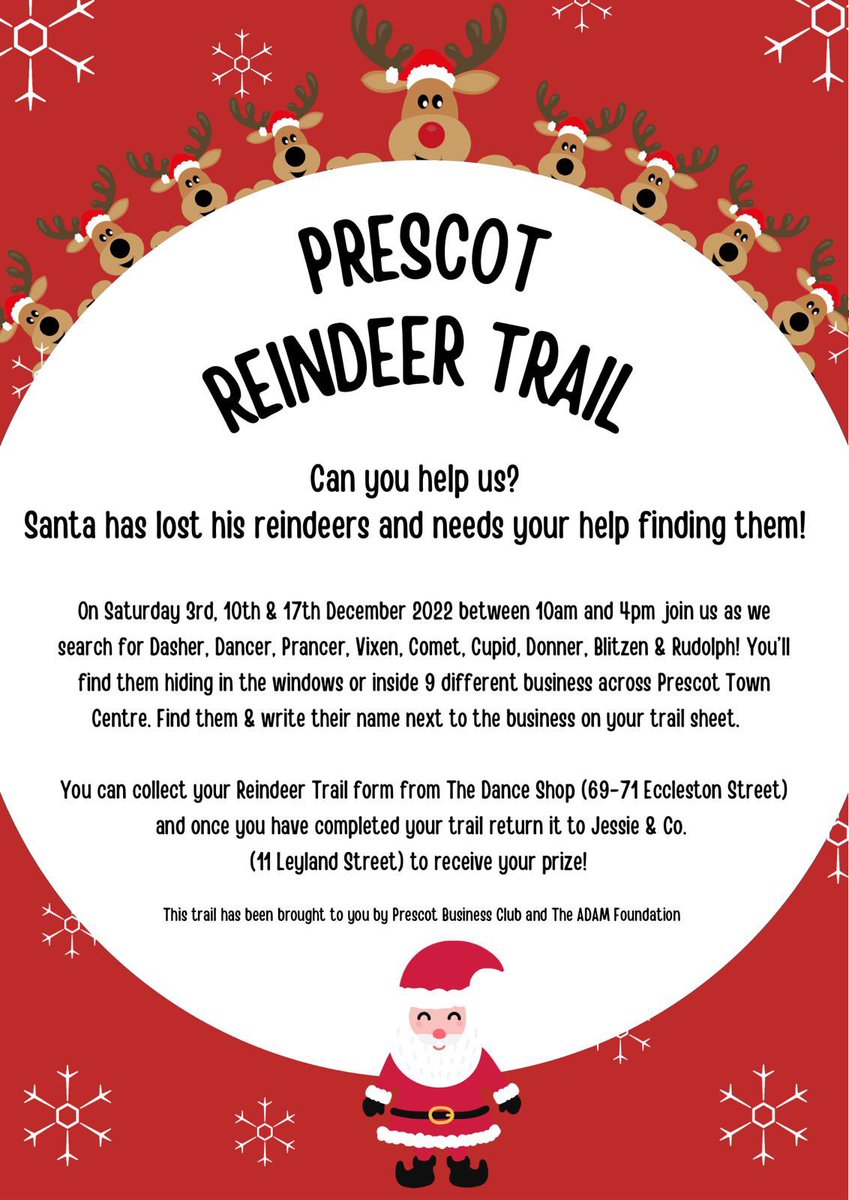 ADAM - Achieving Dreams And Memories (@justiceforadam3) on Twitter photo We are proud to have teamed up with the #Prescot Business Club to bring the #Reindeertrial to <a href="/PrescotTown/">Prescot Town Centre</a>
A fun free activity for you to get involved in this Saturday. See poster below for more information. We are proud to have teamed up with the #Prescot Business Club to bring the #Reindeertrial to <a href="/PrescotTown/">Prescot Town Centre</a>
A fun free activity for you to get involved in this Saturday. See poster below for more information.