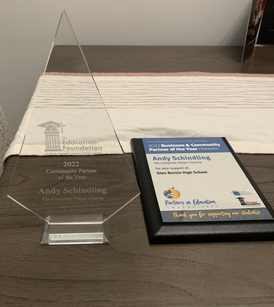 AndySchindling's tweet photo. Was completely caught off guard when I got awarded the 2022 Community Partner of the Year award from the Education Foundation of @aacps last night. So thankful to @tcp_ye volunteers, funders, &amp; business partners who help make it all happen. https://t.co/jC2o7svXP6