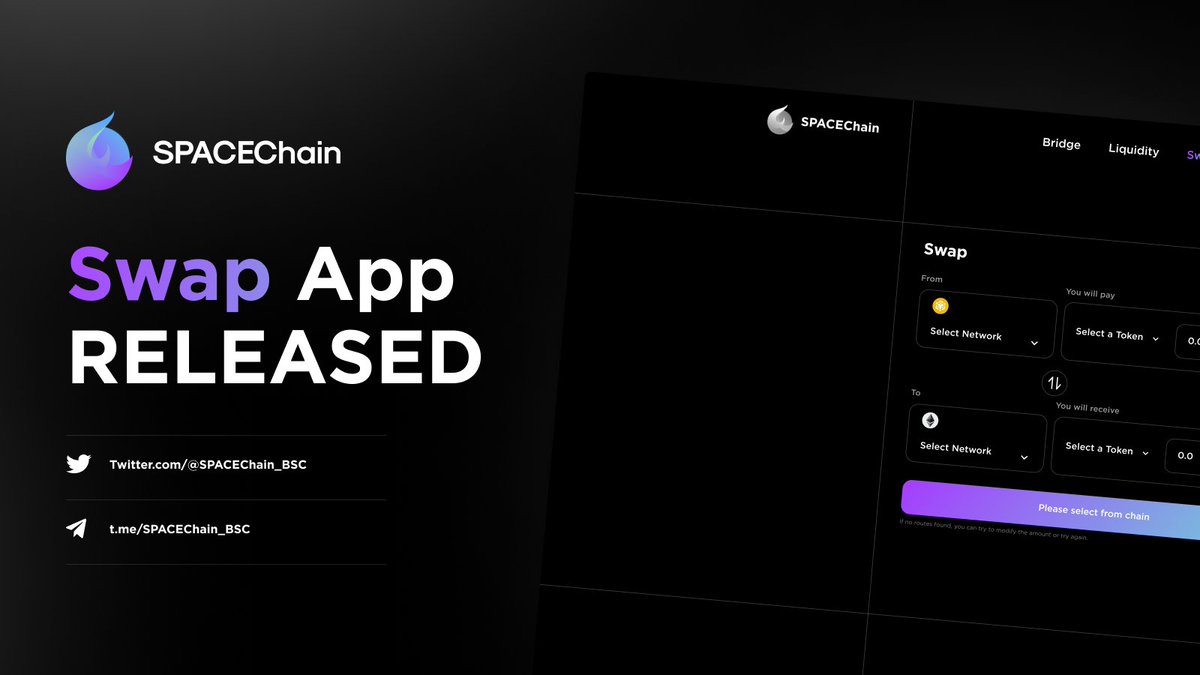 Swap platform was just shared for use. ✅

We are practically ready to launch the utilities and soon we will tell you the date of our Presale on Pinksale platform. Await us! 🔥

✅ Swap: swap.spacechain.finance