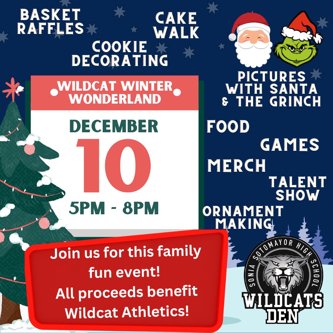 Join us Saturday, Dec 10th for our 1st Annual Wildcat Winter Wonderland! Fun events for all ages, and proceeds benefit Wildcat Athletics! Stay tuned for updates on ticket pre-sales, images of some awesome raffle baskets, and other news! Hope to see you there! #UTR <a href="/NISDSotomayor/">Sotomayor High School</a>