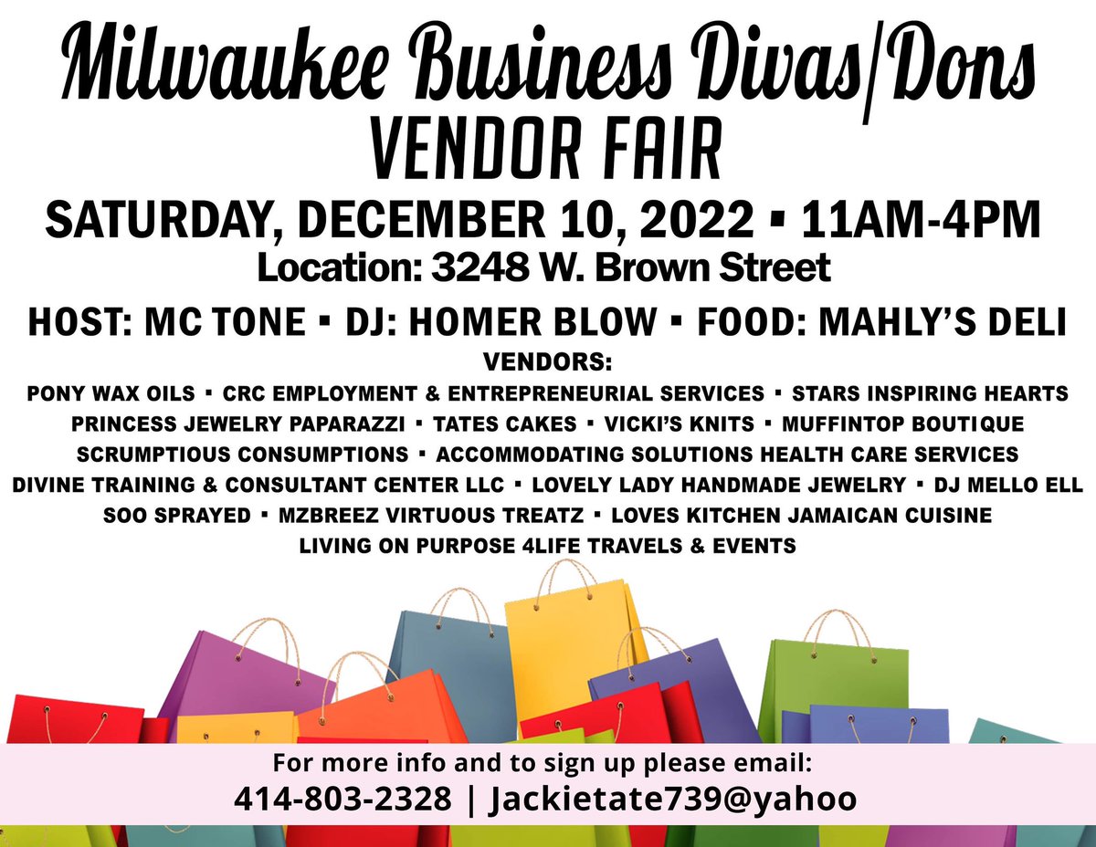 DJMelloEll's tweet photo. (1/2) Got a party or wedding coming up? Well, mark your calendar: I will have a table at the Milwaukee Business Divas/Dons Vendor Fair (my name is listed on the flyer: DJ Mello Ell). Come look at my exhibits and get to know your future #DJ! #mke #vendor #Wisconsin https://t.co/XUPICFlyc6
