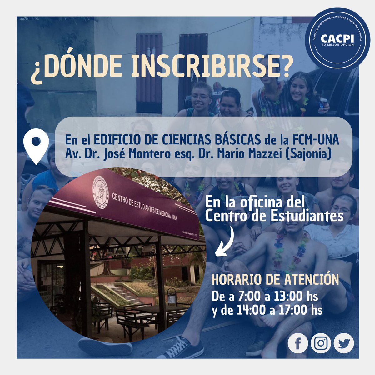 Cacpi_cem's tweet photo. ¿Querés estudiar Medicina en la UNA?
¡Prepárate en el CACPI! Somos tu mejor opción🤩 https://t.co/mPN0phTMNS