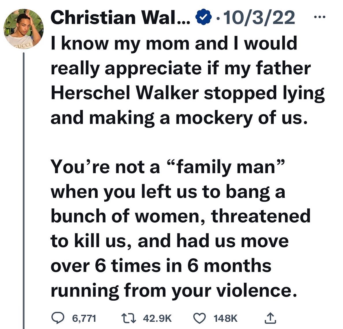 jeanquan's tweet photo. #SadWarning: Hershel Walker’s son,conservative Republican, but his angry #twitter rant rings true.
More reason to support #RevRaphaelWarnock https://t.co/8B2OPvR8Pf
Don’t want 1 more #misogynist #violentman in #Congress making decisions for our #daughters #grandchildren’s futures https://t.co/SkOOV6PigN