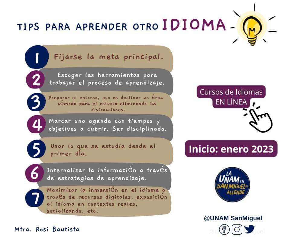 UNAMSanMiguel's tweet photo. #TipsUNAM
¡Aprende un nuevo idioma!
Espera la convocatoria 𝗲𝗻𝗲𝗿𝗼 2023😉
Estudia con nosotros UNAM San Miguel de Allende
#UNAMSanMiguel https://t.co/yW4B0BLfi2