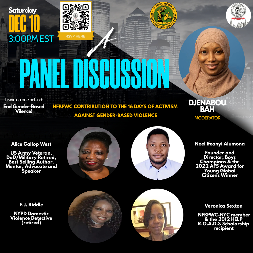 NFBPWC is organizing a panel discussion on Gender-Based Violence for this year’s 16 Days of Activism: “UNITE! Activism to end violence against women and girls”. 
Dec 10th @ 3PM EST
eventbrite.com/e/panel-discus…
#16daysofactivism #genderbasedviolence #idevaw #orangetheworld #unesco