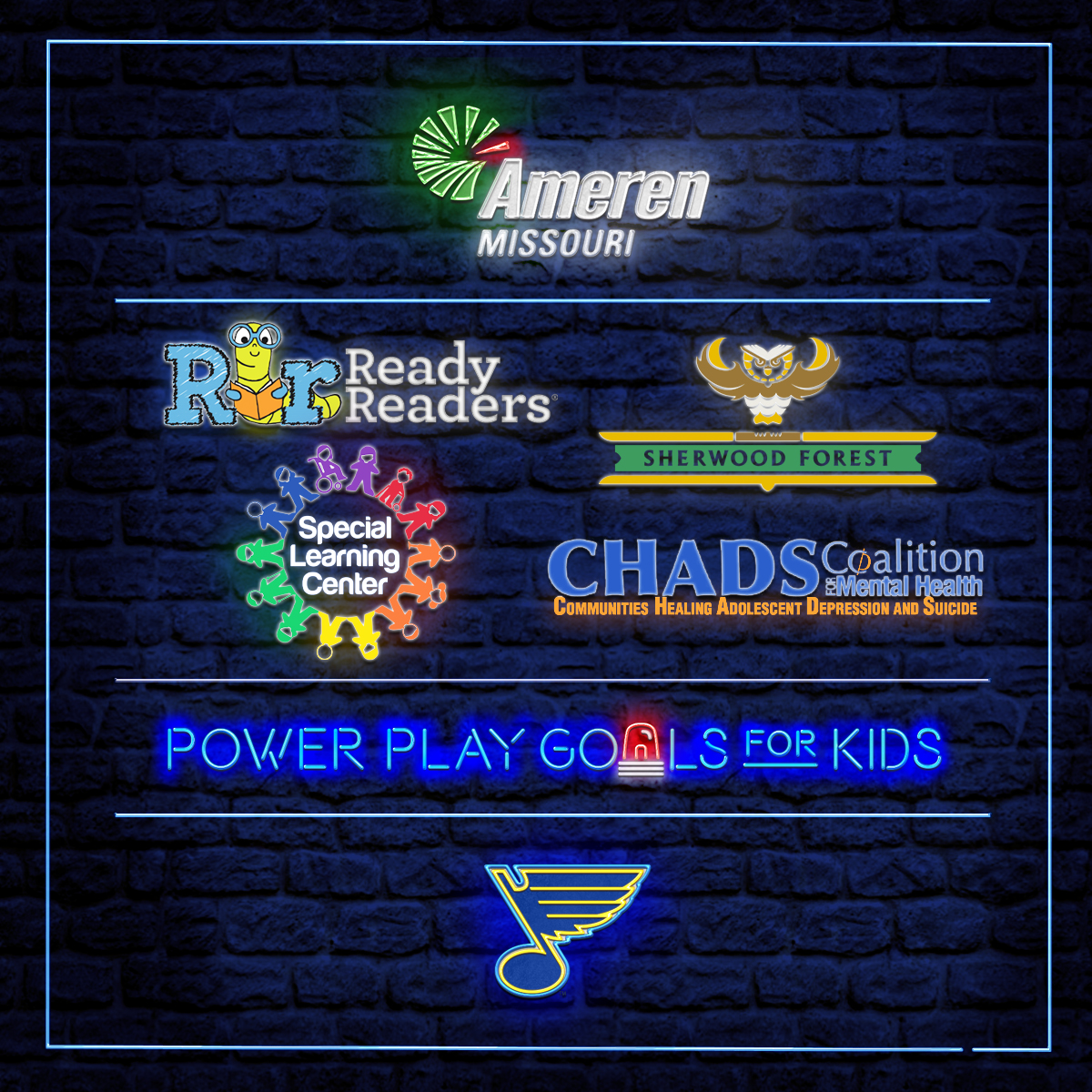 St. Louis Blues (@stlouisblues) on Twitter photo Announcing this year's <a href="/AmerenMissouri/">Ameren Missouri</a> Power Play Goals for Kids charities! Congratulations to <a href="/ReadyReadersStL/">Ready Readers</a>, <a href="/Sherwood_Tweet/">Sherwood Forest</a>, <a href="/SLC_JC/">Special Learning Center</a> and <a href="/CHADS_Coalition/">CHADS Coalition</a>. Vote now at AmerenMissouri.com/Blues. Announcing this year's <a href="/AmerenMissouri/">Ameren Missouri</a> Power Play Goals for Kids charities! Congratulations to <a href="/ReadyReadersStL/">Ready Readers</a>, <a href="/Sherwood_Tweet/">Sherwood Forest</a>, <a href="/SLC_JC/">Special Learning Center</a> and <a href="/CHADS_Coalition/">CHADS Coalition</a>. Vote now at AmerenMissouri.com/Blues.