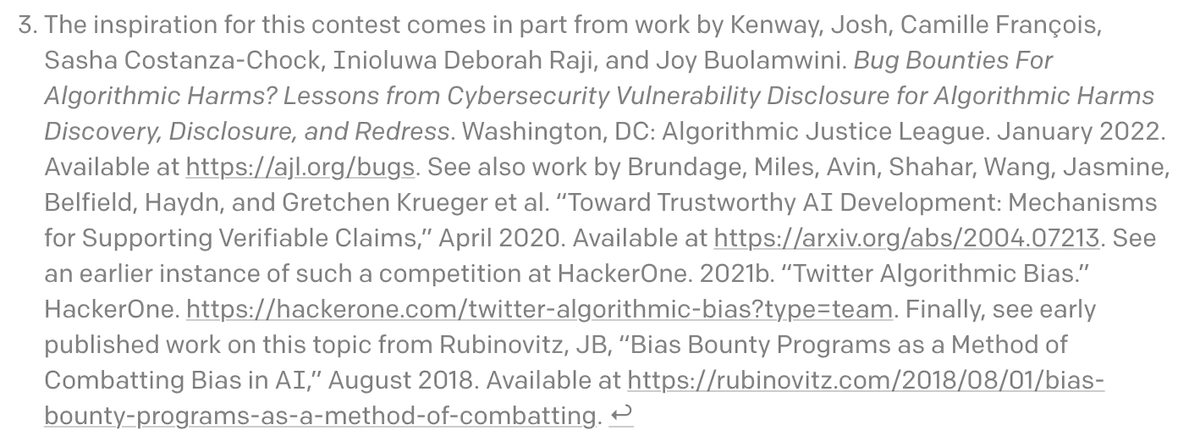 Deb Raji (@rajiinio) on Twitter photo ohh interesting to see the "Bias Bounty" report by <a href="/AJLUnited/">Algorithmic Justice League</a> cited as motivation for the the ChatGPT Feedback Contest 👀
cc: <a href="/CyberSemantics/">Josh Kenway</a> <a href="/camillefrancois/">Camille François</a> <a href="/jovialjoy/">Dr. Joy Buolamwini</a> <a href="/schock/">Sasha Costanza-Chock</a> ohh interesting to see the "Bias Bounty" report by <a href="/AJLUnited/">Algorithmic Justice League</a> cited as motivation for the the ChatGPT Feedback Contest 👀
cc: <a href="/CyberSemantics/">Josh Kenway</a> <a href="/camillefrancois/">Camille François</a> <a href="/jovialjoy/">Dr. Joy Buolamwini</a> <a href="/schock/">Sasha Costanza-Chock</a>