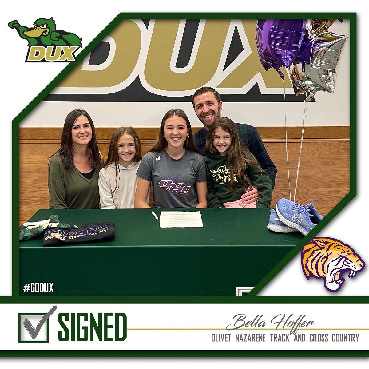 duxsports's tweet photo. Congratulations to Bella Hoffer on signing with Olivet Nazarene to continue her Cross Country and Track career! #godux #gotigers https://t.co/wYZU3qpG6n