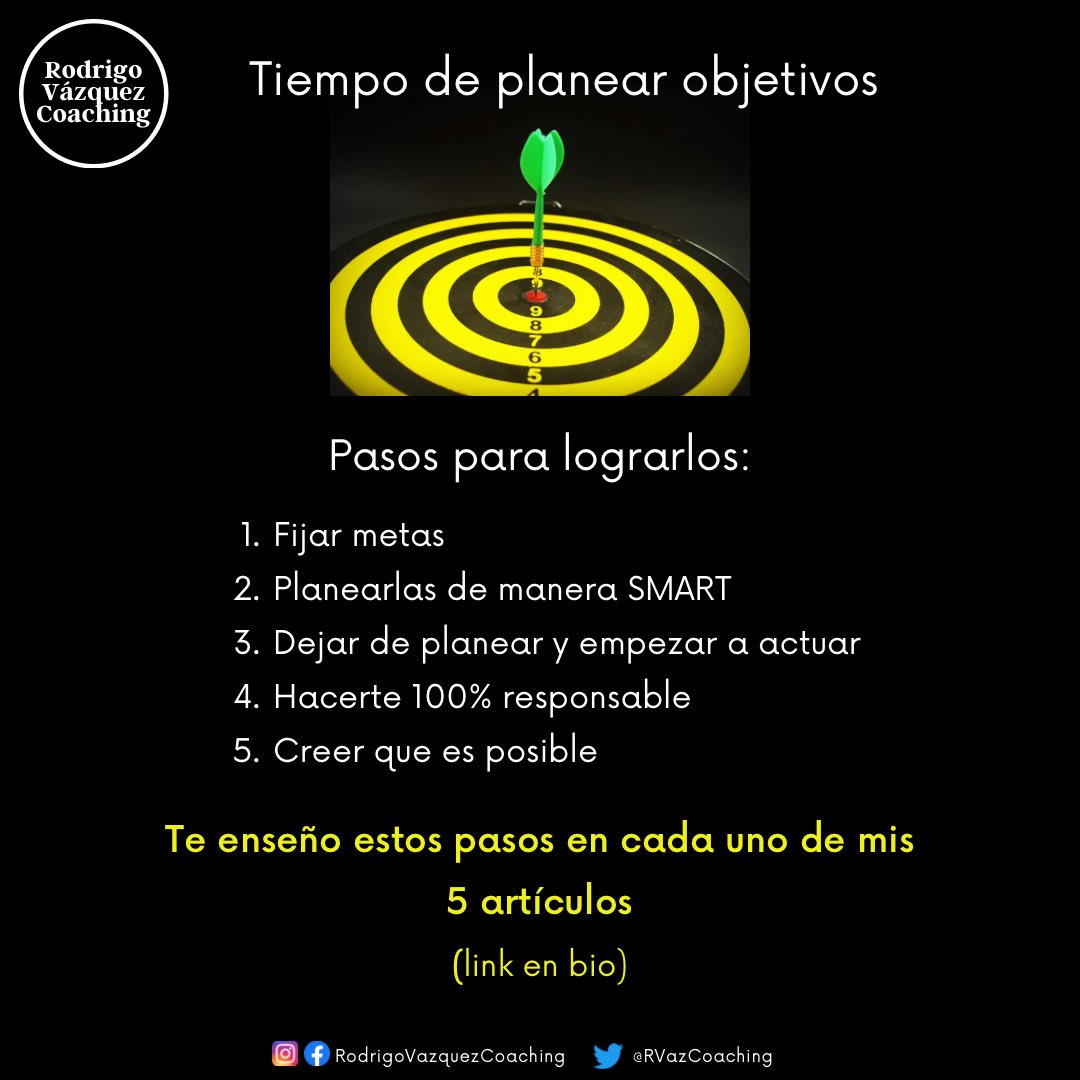 RVazCoaching's tweet photo. Se acerca el tiempo de planear las metas para el próximo año.

Te enseño cómo hacerlo en 5 de mis artículos. Este es el enlace a cada uno: https://t.co/28LBfuqLdm

1. Fijar metas
2. Planearlas de manera SMART
3. Empezar a actuar
4. Hacerte 100% responsable
5. Creer que es posible https://t.co/rQoelaG5Ij