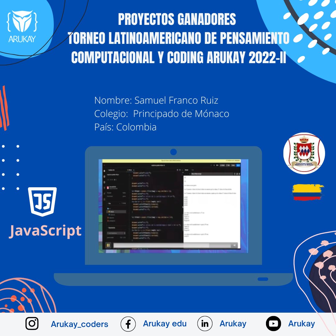ArukayEdu's tweet image. 🥇Felicitamos a Samuel Franco Ruiz, estudiante del Colegio Principado de Mónaco, Colombia, al ser galardonado con el primer puesto en su categoría #JavaScript, al realizar proyecto de creación de base de datos de 20 columnas de productos vs cantidades, en #TorneodeProgramación