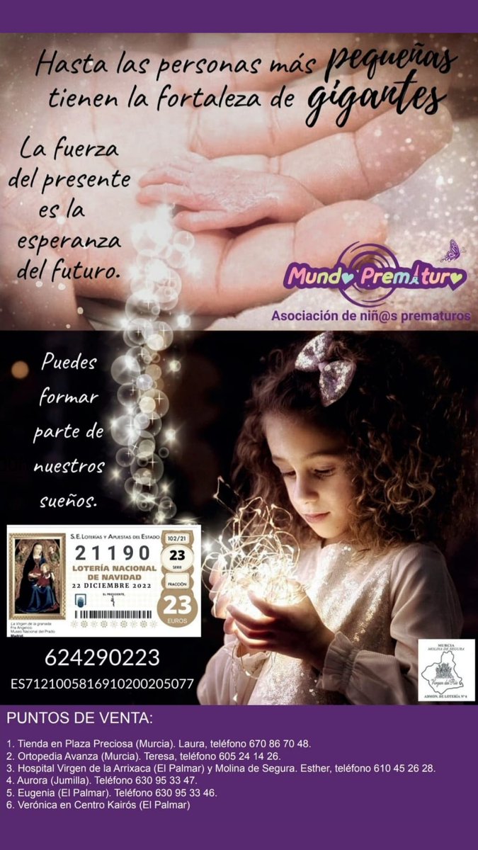 Reserva tu Número!!!! Este Año será tu Gran Número de la Suerte!!!🥳🥳🥳
Contacta con Nosotros y Reserva Tu Número.
Con tu Apoyo y Colaboración Ayudarás a muchas Familias de Grandes Guerrer@s!!!!💪💜👏👏👏👨‍🍼🤱
<a href="/MundoPrematuro/">ASOCIACIÓN MUNDO PREMATURO ESPAÑA</a>