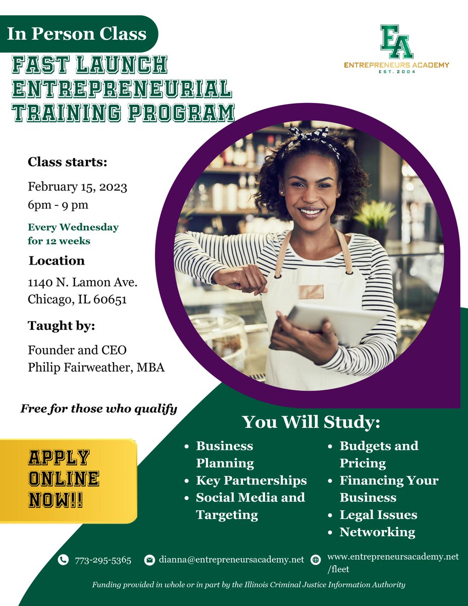 ChicagoBlackBus's tweet photo. Free 12-Week Entrepreneurial Training Program Sponsored by Entrepreneurs Academy.  
Learn more: https://t.co/kq63HDY3M8 
Tell a friend! 

#Chicago #ChicagoBusinesses #BlackTwitter #BusinessTraining #BusinessClasses #FreeBusinessClass #FreeBusinessClasses #Businessloans https://t.co/Vg0eQBdwfl