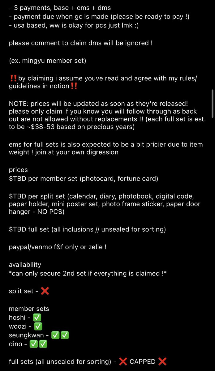 ggyusprouts's tweet photo. SVT 2023 SEASON GREETINGS GO 🍷

prices TBD

- not secured/not on hand
- NO BACK OUTS ONCE CLAIMED
- 🇺🇸USA only
- 3 payments: price of goods + ems + dms

member claim set (includes pc &amp; fortune card)

‼️read notion‼️

dm to claim :)

pls rt to share! https://t.co/XOg5v7lbB7