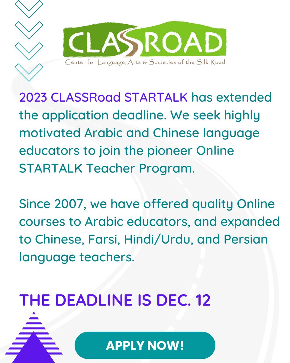 Join free CLASSRoad STARTALK in 2023 with Ying Jin, 2018 ACTFL Language Teacher of the Year. Spread the word and apply online at 
classroad.org/courses/classr…