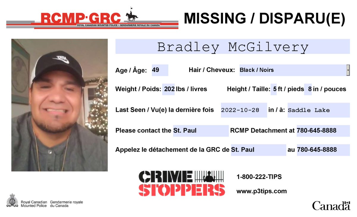 RCMPAlberta's tweet photo. #Missing: Bradley Philip McGilvery, 49, #SaddleLake #Edmonton #YEG #Calgary #YYC https://t.co/RGNDxhWbCj
