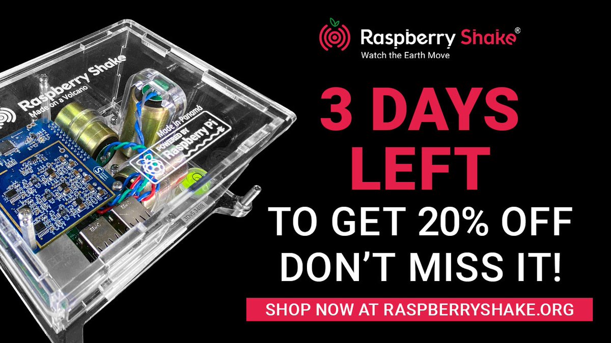 raspishake's tweet photo. Our #BlackFridaySale ends in 3 days!
Our HUGE 20% off #BlackFridayDeals discount applies to all turnkey #RaspberryShake models in our shop!
Prepare to monitor #seismic and #infrasonic events, or are you already a "Shaker"? ➡️ https://t.co/9uaCQB4z22 https://t.co/c7ZQ3Q6DP2