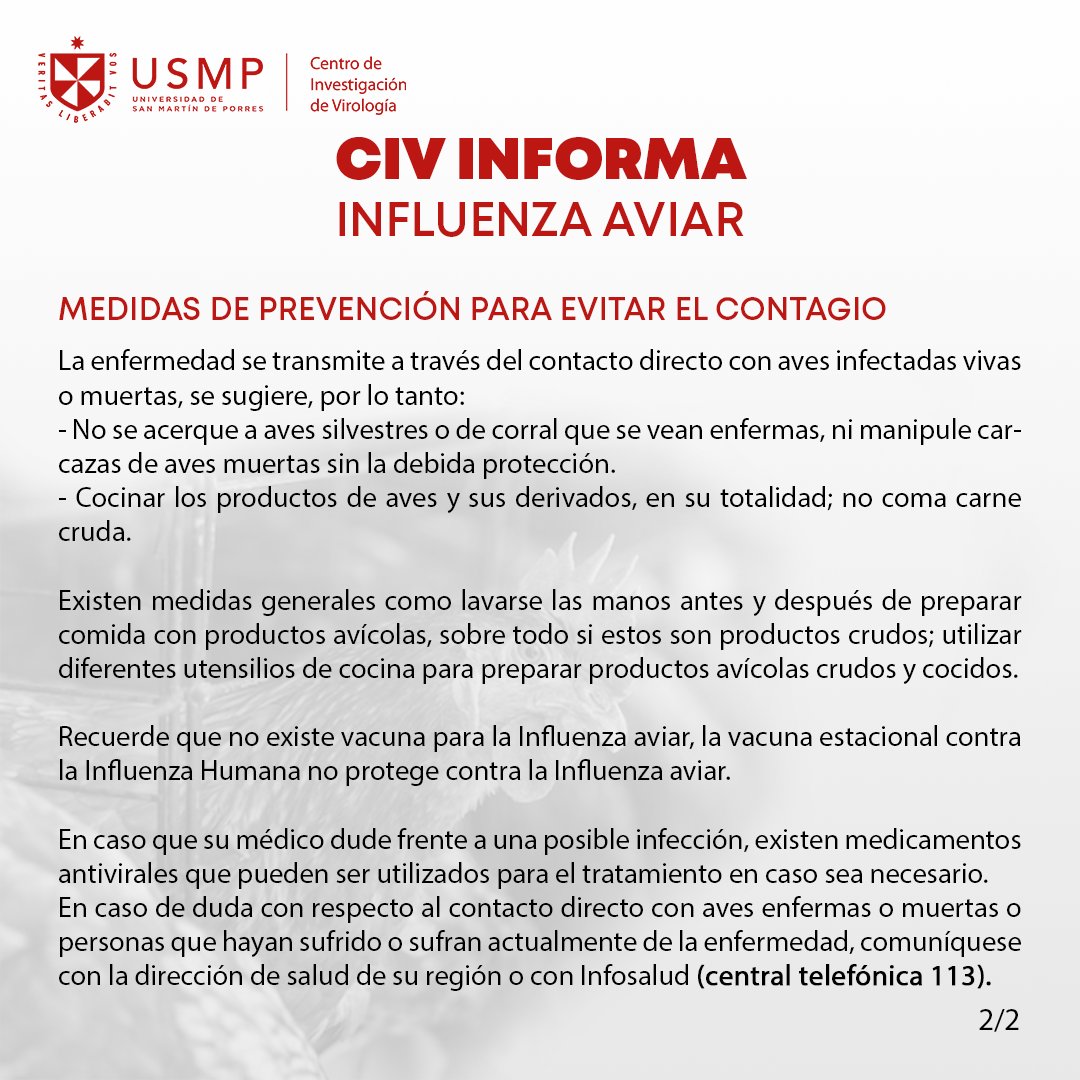 CIV_USMP's tweet photo. El Centro de Investigación de Virología de la @USMP_oficial informa al publico sobre la #InfluenzaAviar  y las medidas de prevención para evitar el contagio. 
#CIVinforma #USMP https://t.co/gERJT2zqsC