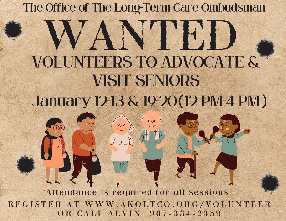 akoltco's tweet photo. Do you want to make a difference in seniors lives?  Check out https://t.co/dJyM9ii4QE.  After the required training you will advocate for residents in long term care homes &amp; facilities. You must attend all training dates. Feel free to call Alvin at 907-334-2359 for more info. https://t.co/JpuU4rEH0k