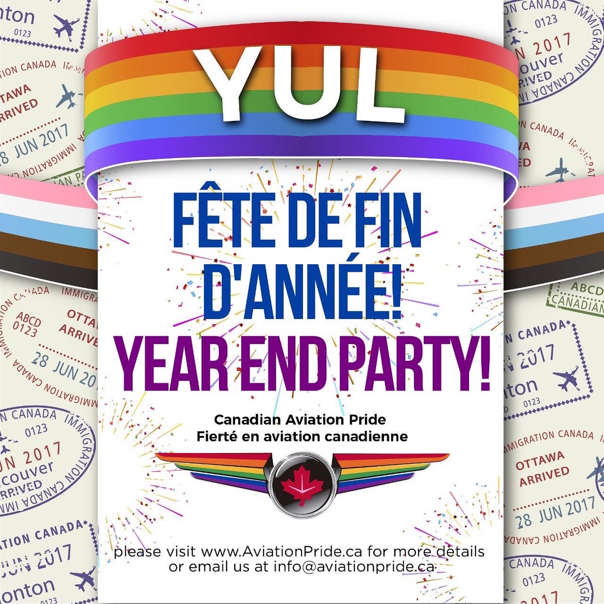 Come join us Friday at Complexe Sky at 6pm for our year end party! #cap #canadianaviationpride #canadian #aviation #canadaaviation #pride #queeraviation #flygirl #flyboy #plane #flying #airplane #pilot #flightattendant #canadapride #lgbt #lesbian #gay #transgender #gaypride