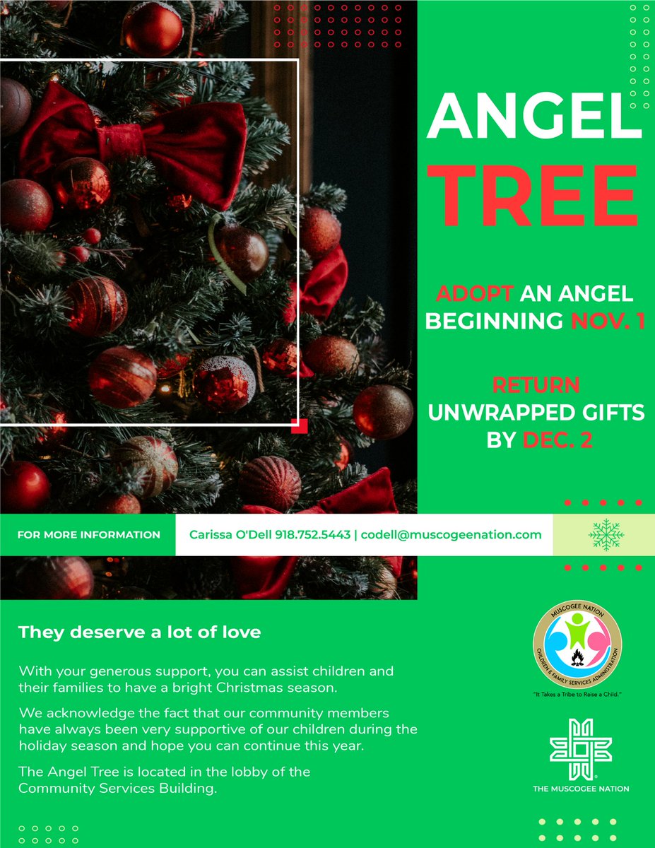 There's still time! Adopt an angel & turn in the gifts by Dec 2nd to help families experience a special holiday. Caring for one another is a vital part of one's civic duty to their community #PromotingCivicDuty

More info at 918-752-5443 or codell@MuscogeeNation.com