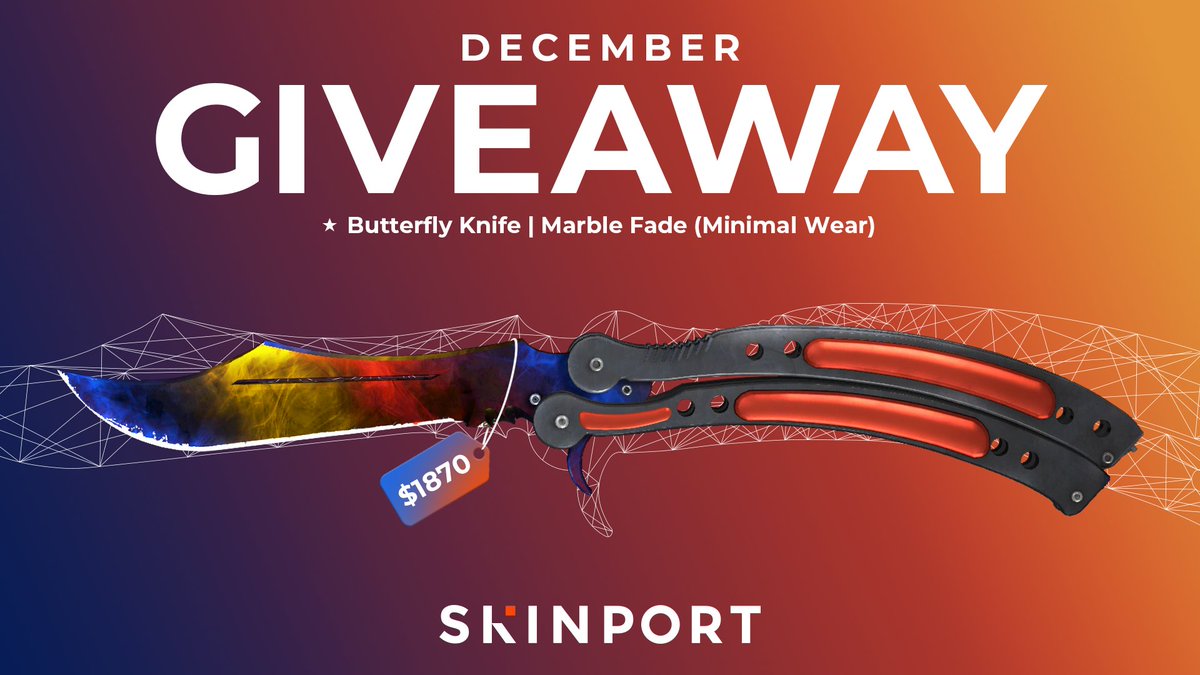 🎁 Butterfly Knife | Marble Fade MW ($1870) #CSGO #CSGOGiveaway! To enter: ✅ Retweet ✅ Follow @Skinport ✅ Tag a friend who needs to see this! The giveaway ends on the last day of December 2022 and the winner will be drawn in early January 2023!