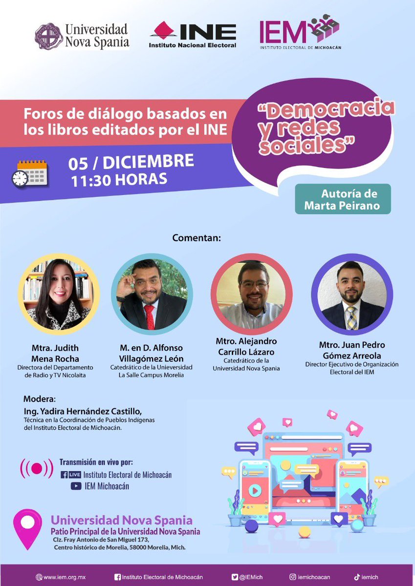 Licalfonsovile's tweet photo. Con mucho agrado comparto la invitación al Foro de Diálogos basados en libros editados por el INE en esta ocasión “Democracia y redes sociales” de la autoría de Marta Peirano, presencial o virtual en un momento comparto el QR para descarga gratuita, acompáñenos!!! https://t.co/TrcUnoNO3E