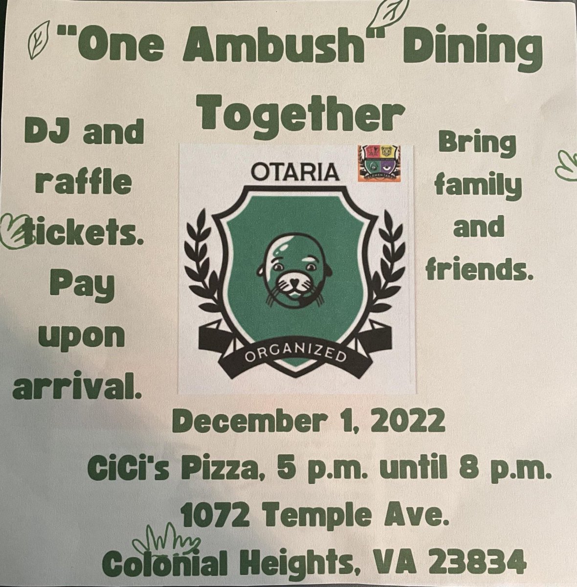 Hello Families:

Tomorrow is our Cici’s Night (Hosted by House Otaria). We are looking forward to seeing ALL of our families.

1072 Temple Ave 
Colonial Heights, VA 23834