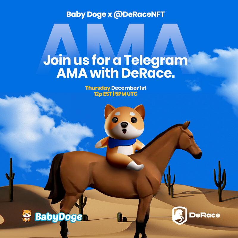 BabyDoge's tweet photo. Join us tomorrow for the Baby Doge Telegram AMA with @DeRaceNFT
12PM EST | 5PM UTC

BabyDogeArmy Telegram:
https://t.co/XtUbWJHL1R

Learn about our partnership and upcoming giveaway for the BabyDoge Community! https://t.co/Ie14RRvBcD