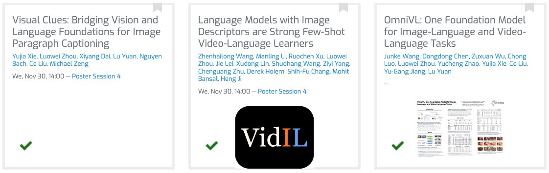 luowei_zhou's tweet photo. We are presenting three papers at #neurips2022 on vision-language foundation models. Please check out our poster sessions if you are interested! Summary:  1/2 https://t.co/z5LDXLsd5V