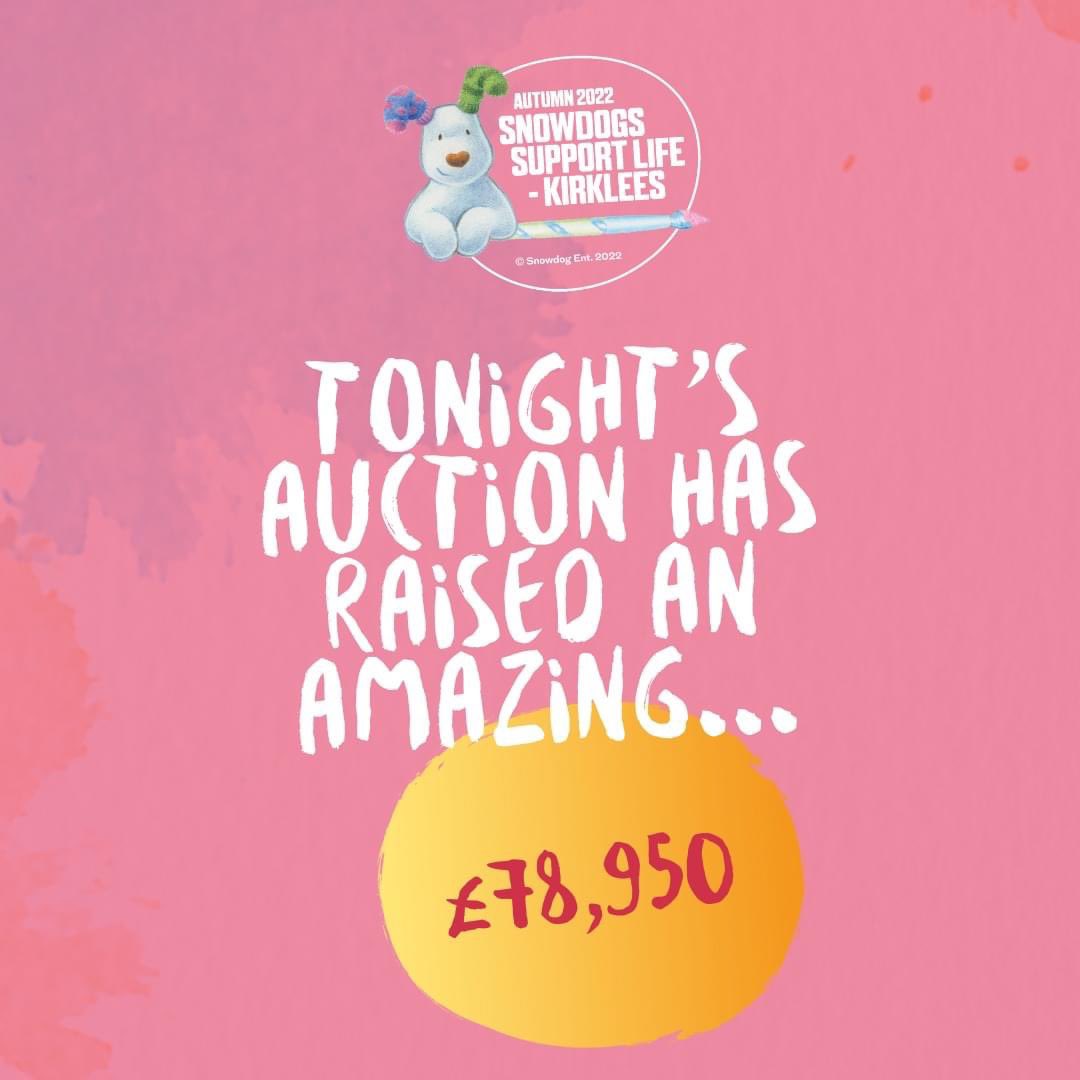 Congratulations to all tonight's winning bidders! Our Snowdogs Support Life, Kirklees auction has raised an amazing £78,950!  

All the money raised will help to support local patients and families across our community - whenever and wherever they need it most. #snowdogskirklees