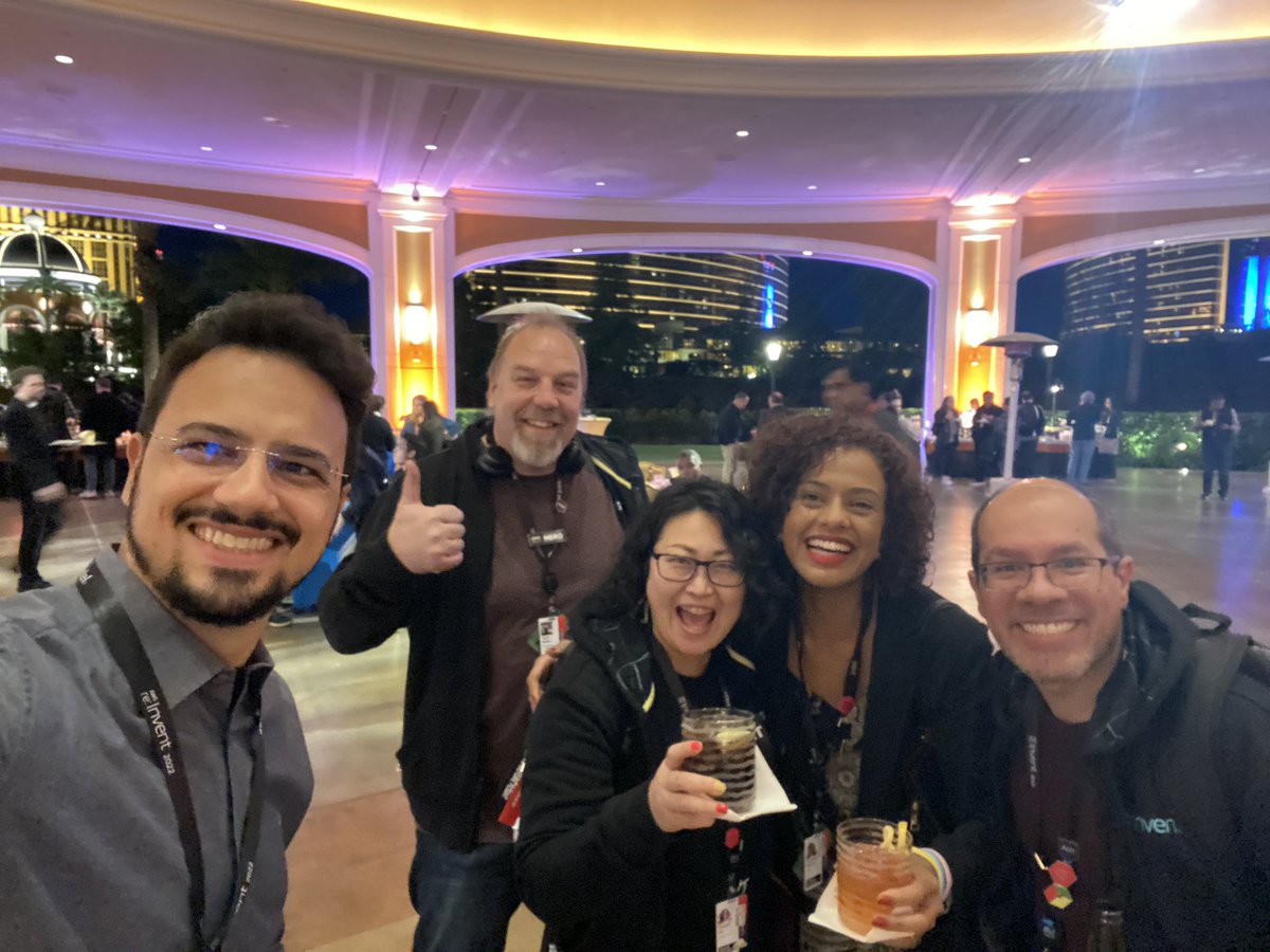 Yesterday was another great night🤩🤟It was great fun to see so many friends again and meet new ones. We all had a lot of fun talking about our countries and keynotes🥳#reInvent2022 
<a href="/colors4ideas/">Vanessa Santos</a> <a href="/franciscoed/">Francisco Edilton</a> <a href="/vfcarida/">Vinicius Caridá</a> <a href="/Ryfeus/">Rustem Feyzkhanov</a> <a href="/antonbabenko/">Anton Babenko 🇺🇦</a>