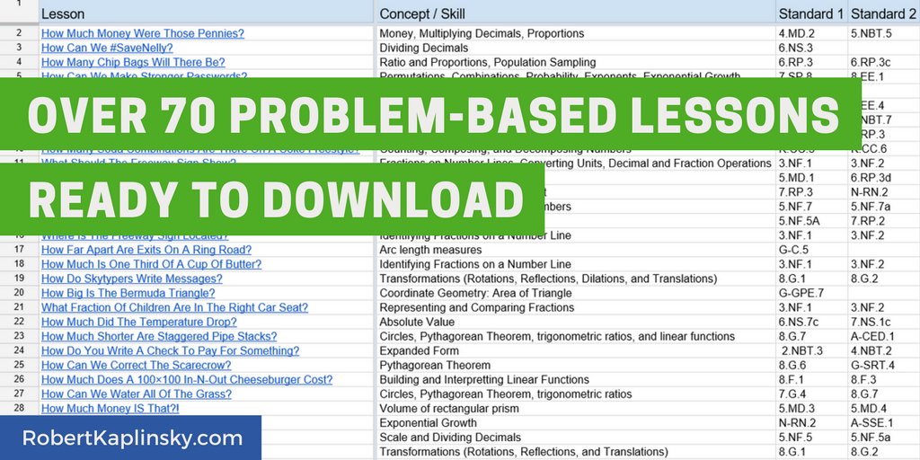Would you prefer to browse my lessons in a spreadsheet?  Check out problems.robertkaplinsky.com to view them with the concept/skill and standards. #MTBoS #iteachmath