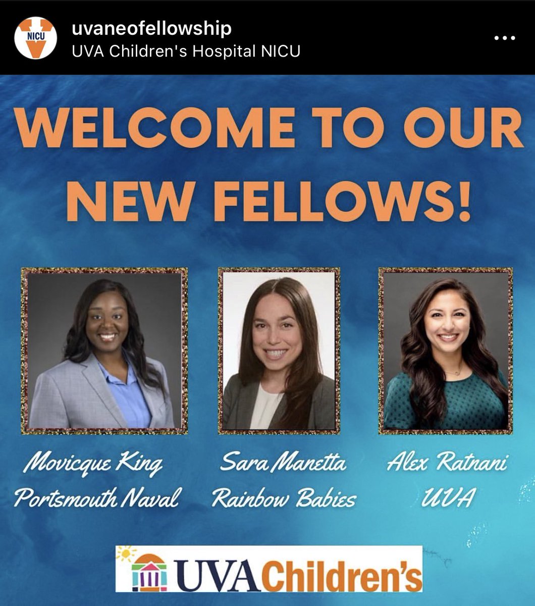 UVaNICU's tweet photo. Excited to have 3 excellent physicians join us as first year neonatal fellows in July! Welcome Movique King (from Portsmouth Naval), Sara Manetta (from @UH_RBCResidents) and @alex_ratnani (from @UVAPediatrics)! https://t.co/pNqO7d9oKV