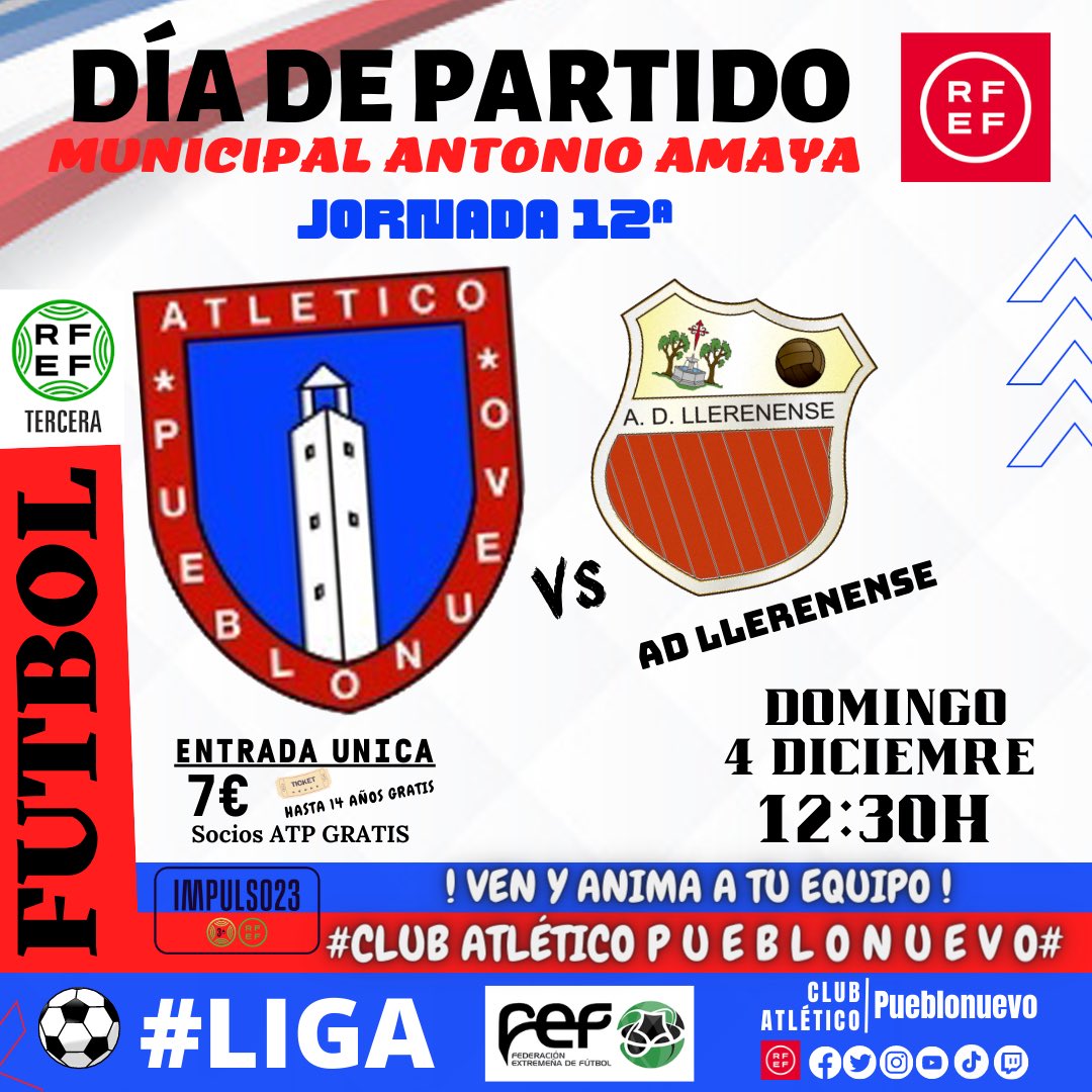 AtcoPueblonuevo's tweet photo. 1️⃣2️⃣ª J̷O̷R̷N̷A̷D̷A̷ Liga #3ªRFEF

🆚@adllerenenseof 
📅 Domingo 4 Diciembre 2022
⏰ 12:30h 🏟️Antonio Amaya

🎟️Entrada Única 7€
➡️Socios #ATP gratis 

#HemosVueltoParaQuedarnos 
#TodosAlRojo 🟥🟦 #AupaAtleti https://t.co/BW3IrATzZ0