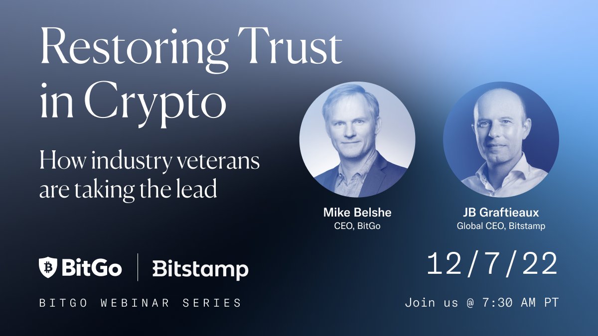 Join BitGo and @bitstamp CEOs @mikebelshe and @jb_bitstamp. Learn how crypto  can build back better by focusing on custody, regulation and market  structure. 🗓️Wed. 12/7 at 7:30 AM PST Register: https://t.co/DI0qjhxKWa
