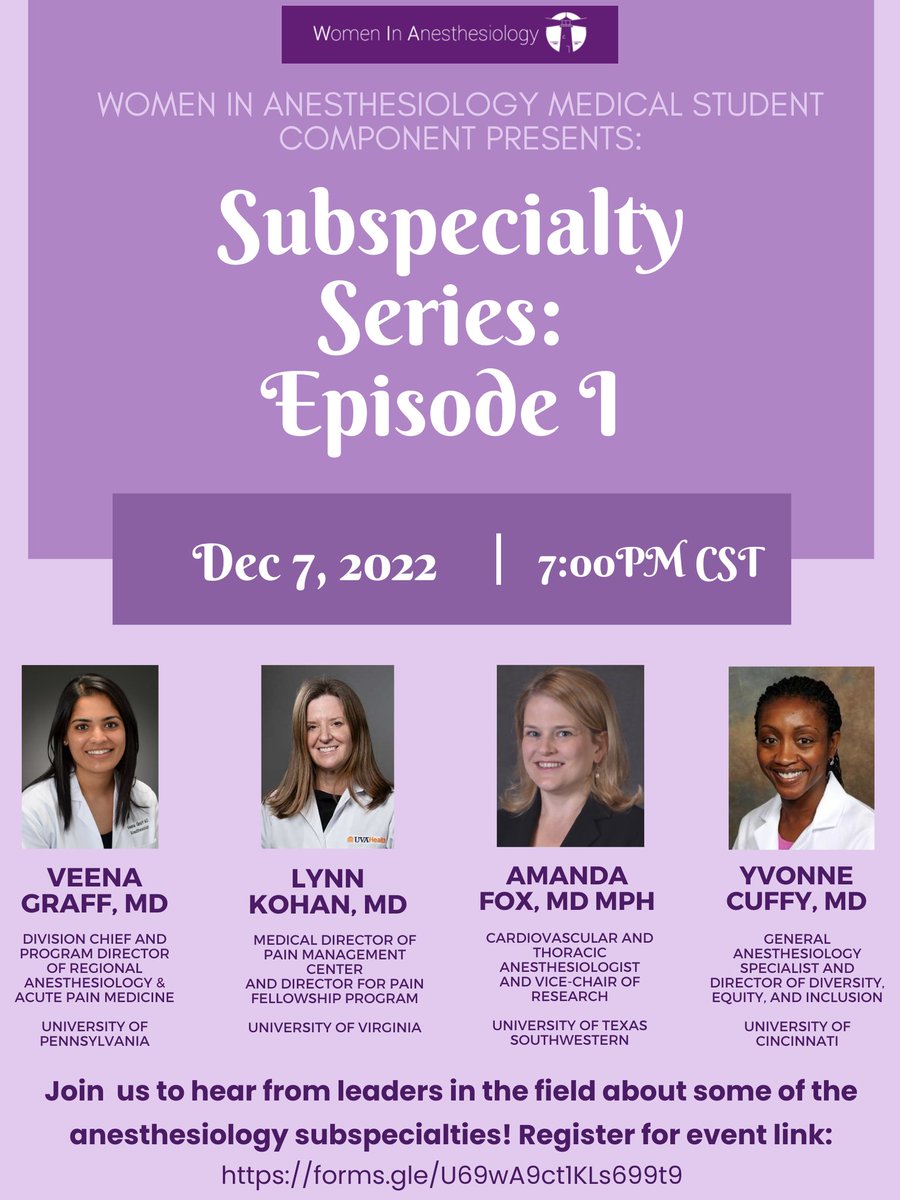 Swathi Rayasam (@SwathiRayasam) on Twitter photo 2022-11-30 23:29:58 Join @womenMDinanesth's Subspecialty Panel on Dec 7 at 7pm CST to hear from leaders in various anesthesiology specialties! All medical students & residents are welcome. Register to receive Zoom link: forms.gle/U69wA9ct1KLs69โฆ Always excited to co-host with @VictoriaMousa! Join @womenMDinanesth's Subspecialty Panel on Dec 7 at 7pm CST to hear from leaders in various anesthesiology specialties! All medical students & residents are welcome. Register to receive Zoom link: forms.gle/U69wA9ct1KLs69โฆ Always excited to co-host with @VictoriaMousa!