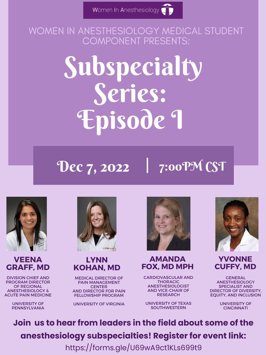 Join @womenMDinanesth's Subspecialty Panel on Dec 7 at 7pm CST to hear from leaders in various anesthesiology specialties! All medical students & residents are welcome. Register to receive Zoom link: forms.gle/U69wA9ct1KLs69… Always excited to co-host with @VictoriaMousa!