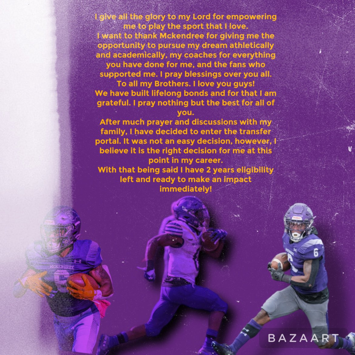 Thank you for everything Mckendree. Always will be a Bearcat! With that being said my recruitment is open! I am an athlete. 1st Team All-GLVC RB. 2022stats. 1590 all purpose yards.704 yards rushing. 418yds receiving.  469 KO return yards. 2 year starter.

hudl.com/v/2Jnh66