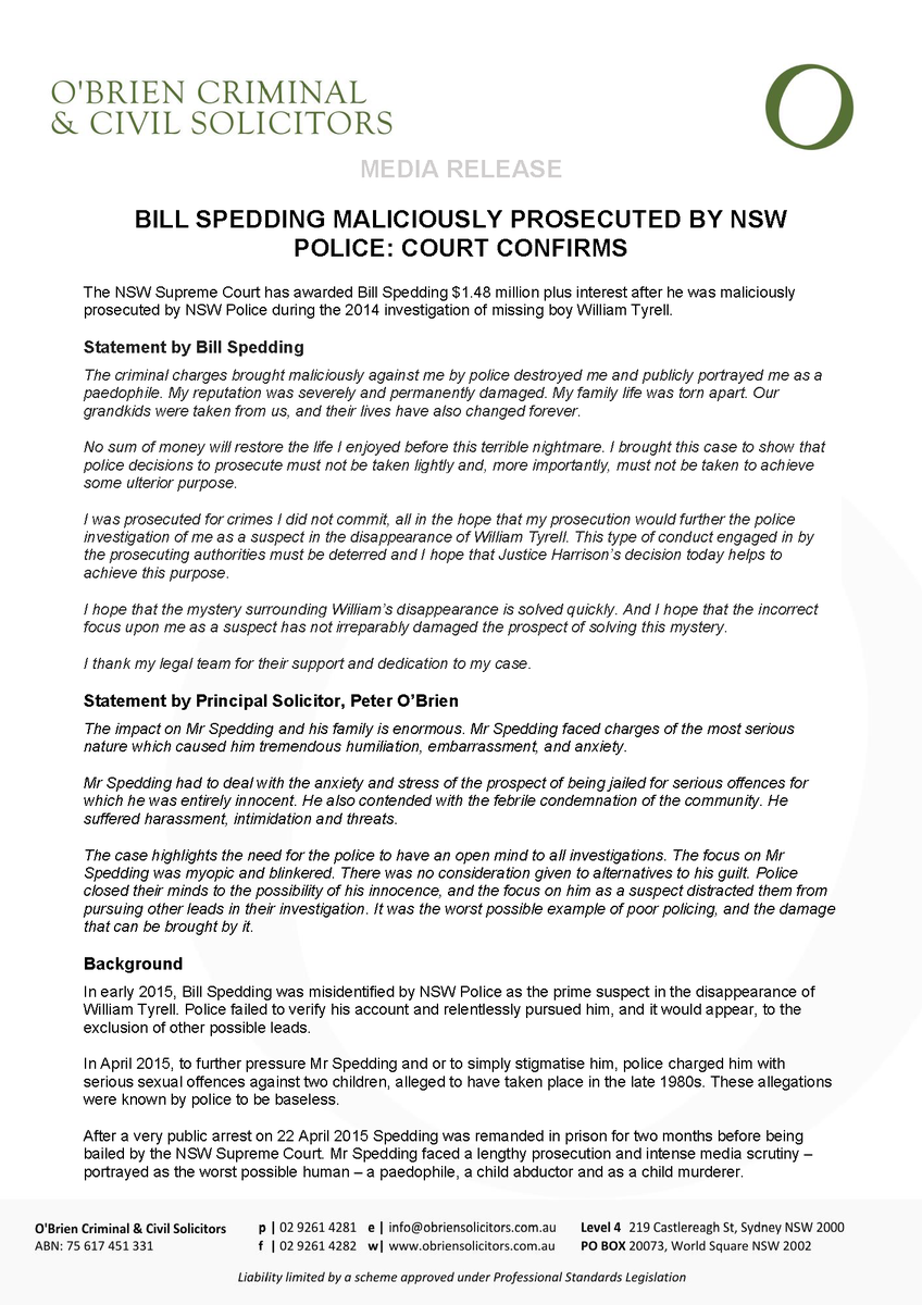 obriensolicitor's tweet photo. Bill Spedding awarded $1.48 million plus interest after he was maliciously prosecuted by NSW Police

We're incredibly proud to represent Mr Spedding and are pleased with the decision today. https://t.co/IYnszTKeO5