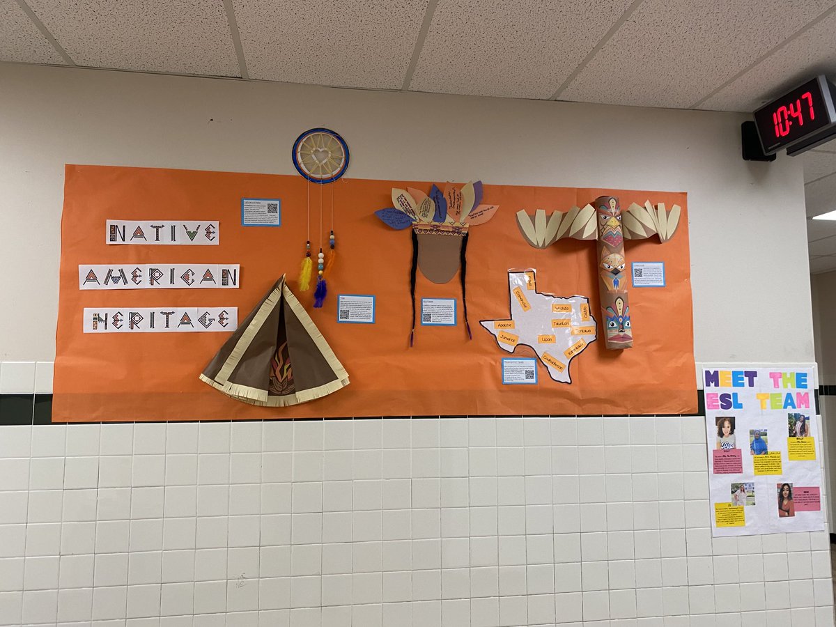 tonidjackson's tweet photo. Skyview’s ESL team continues to wow us with their beautiful heritage displays. They even included QR codes for scholars or staff of one additional information on the Native American cultural items on the display. #RISDHonorsHeritage ⁦@RISD_Equity⁩ ⁦@SkyviewElem⁩ https://t.co/Dqbf2C5siC