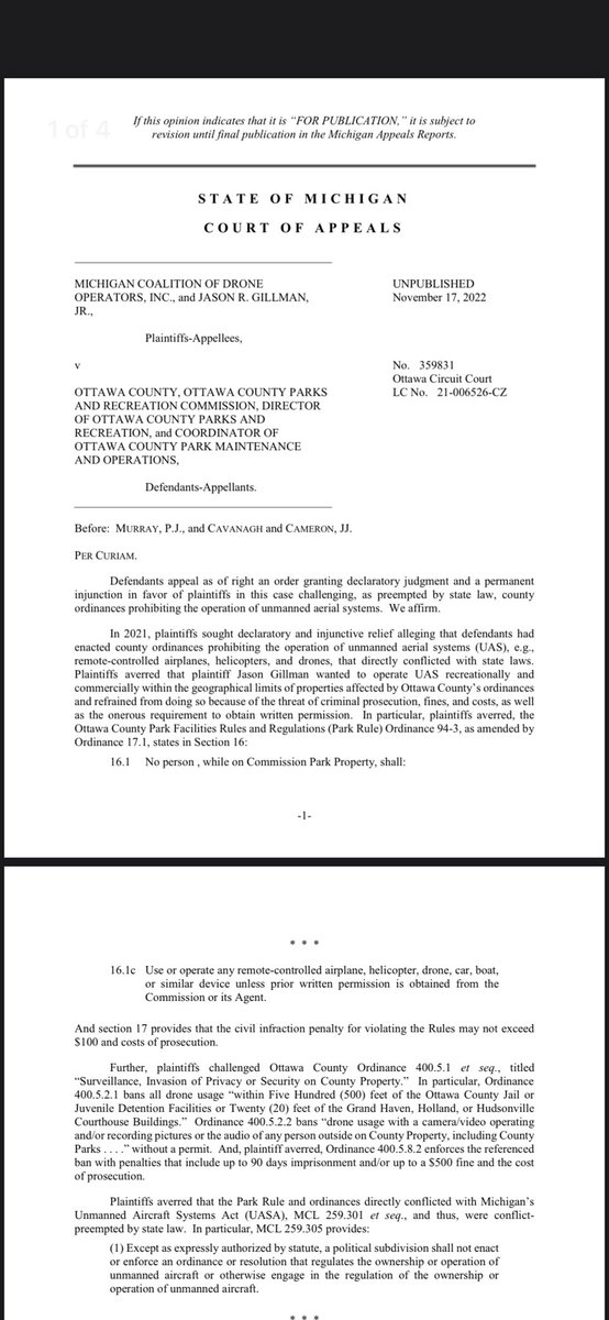 theDroneU's tweet photo. Thank you Michigan! Who upheld the federal preemption clause for airspace regulation! What pilots knew since 2016 has been upheld. Wonder how NC will respond? Great job MI coalition of pilots! #dronelaw #pilotRights #airspace #regulation https://t.co/dN2M9p3g4V