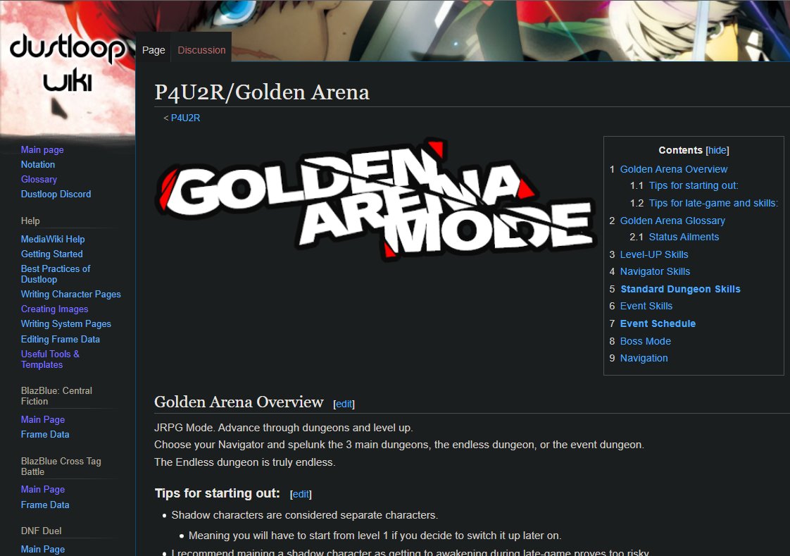 quinnman89's tweet photo. Introducing a NEW DustLoop Wiki page!
(https://t.co/8jYZlDPEF1)

GOLDEN ARENA MODE

*Terminology Glossary
*Every Skill has been datamined along with the weekly Event Dungeon schedule!
*Includes additional information on Boss Mode characters!

#P4AU #P4U2R #Dustloop https://t.co/NtlcjdvBl8
