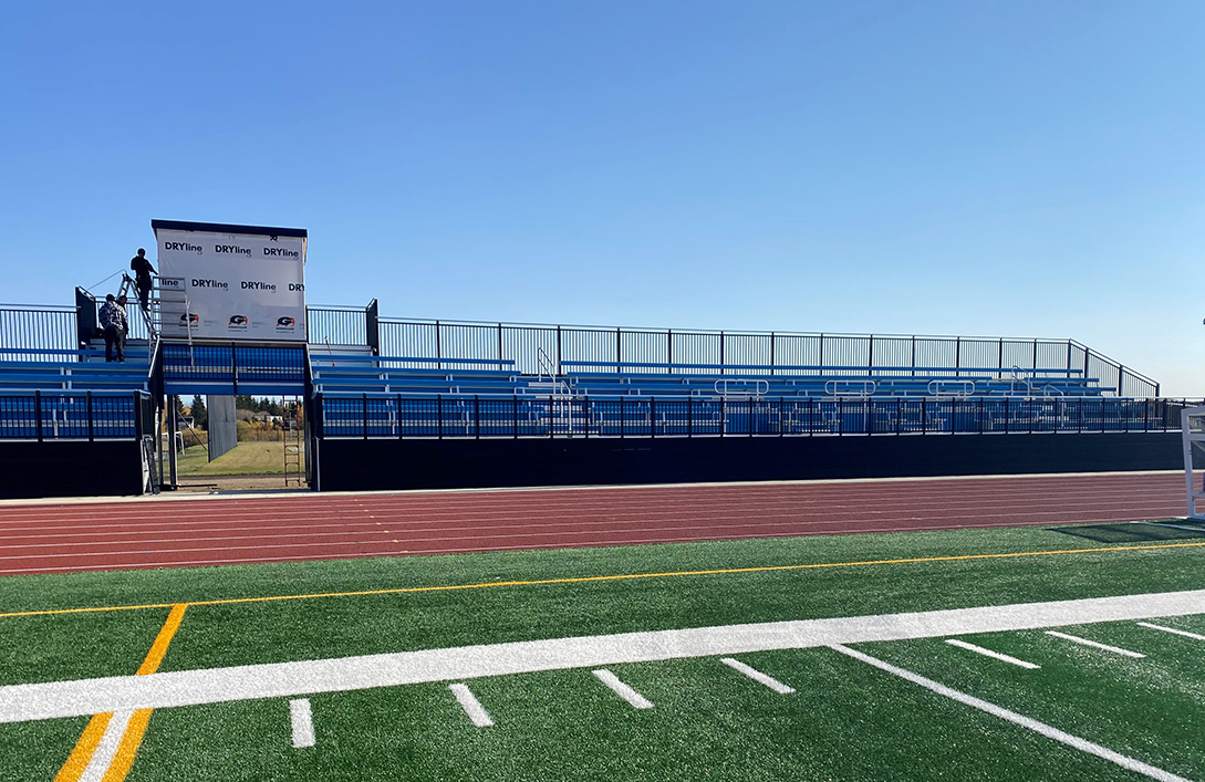 CentaurNation's tweet photo. Some updated photos of warmer times during the final stages of construction of the new grandstand at the Bold Centre in Lac La Biche, AB. This 5 row x 190' grandstand bleacher has a seating capacity for over 480 fans! #bleacherseating #spectatorseating #grandstands @So_Bleacher https://t.co/31N8bkrWlv