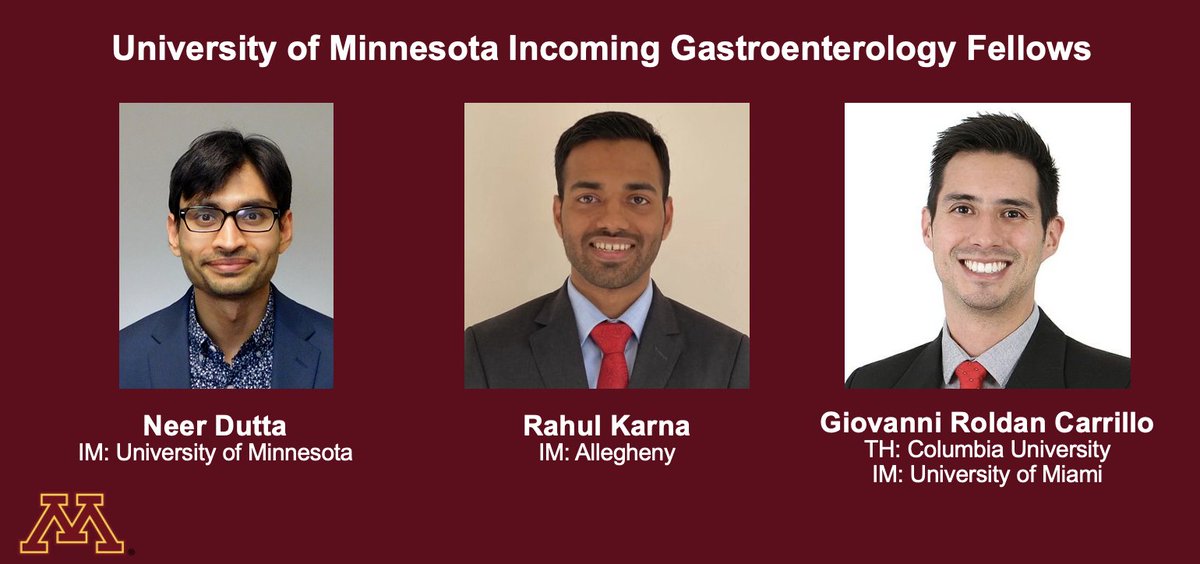 Lizzie Aby, MD (@lizzieabymd) on Twitter photo Congratulations to the Incoming University of Minnesota Gastroenterology Fellows - Neer Dutta, Rahul Karna (<a href="/RahulKarnaMD/">Rahul Karna, MD</a>) & Giovanni Roldan (<a href="/gioroldanc/">Giovanni Roldan, MD</a>)!
#GITwitter #livertwitter #GIMatch2023 #FutureofGI
#GIfellowship <a href="/AmCollegeGastro/">ACG</a> Congratulations to the Incoming University of Minnesota Gastroenterology Fellows - Neer Dutta, Rahul Karna (<a href="/RahulKarnaMD/">Rahul Karna, MD</a>) & Giovanni Roldan (<a href="/gioroldanc/">Giovanni Roldan, MD</a>)!
#GITwitter #livertwitter #GIMatch2023 #FutureofGI
#GIfellowship <a href="/AmCollegeGastro/">ACG</a>