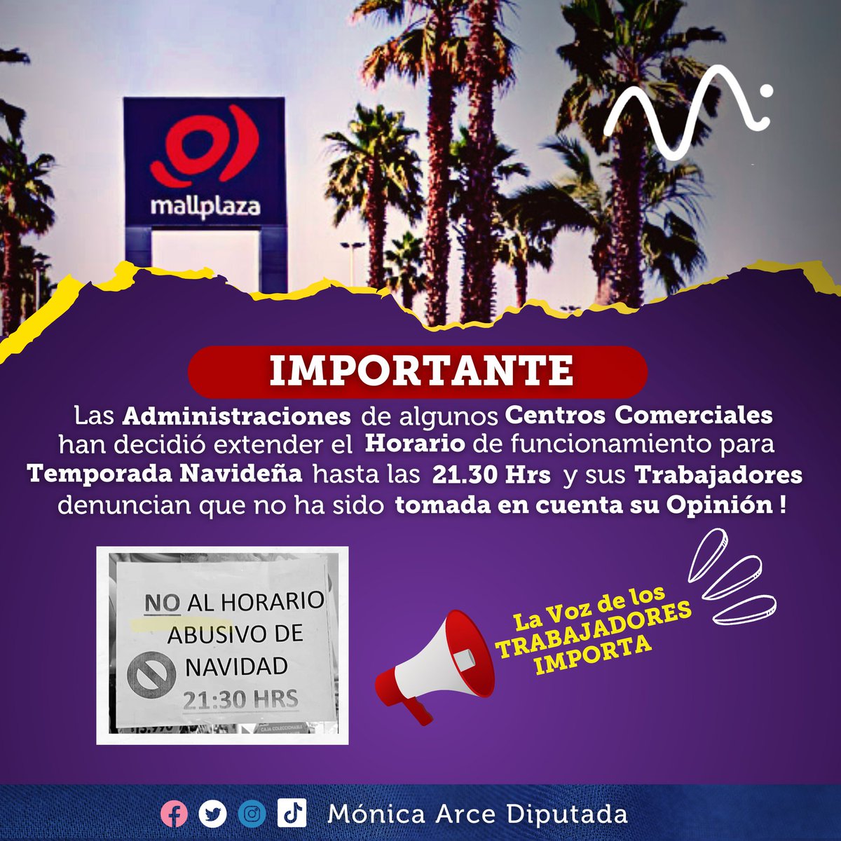 Diputada_Arce's tweet photo. ⭕ IMPORTANTE ⭕
👉 Hoy se registraron diversas protestas de Trabajadores de los Malls en contra del horario Impuesto para la Época Navideña (21.30 hrs). Las administraciones de éstos Centros Comerciales deben tener la capacidad de dialogar con sus Trabajadores! https://t.co/pDRfeqh7ut