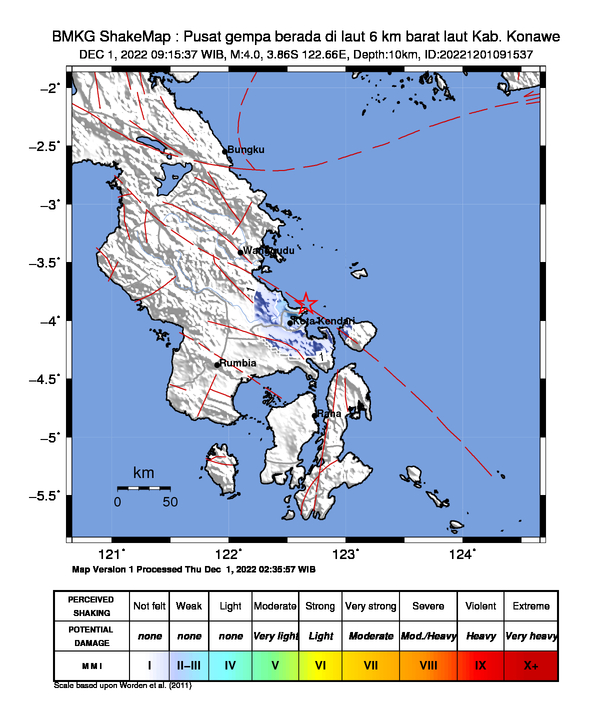 infoBMKG's tweet photo. #Gempa (UPDATE) Mag:4.0, 01-Des-22 09:15:37 WIB, Lok:3.86 LS, 122.66 BT (Pusat gempa berada di laut 6 km barat laut Kab. Konawe), Kedlmn:10 Km Dirasakan (MMI) IV Kendari, IV Konawe, III-IV Konawe Selatan #BMKG https://t.co/ovlQWinlmH