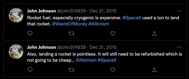 bigfaxmachine's tweet photo. @GergelyOrosz Could this be John Johnson's twitter account ? @john374839 Speaks an awful lot about SpaceX and Elon Musk.. Also about, other, weird things.. https://t.co/hO1jbVuVYo