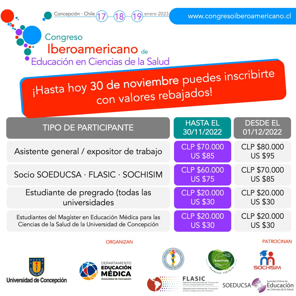 soeducsa's tweet image. ¡Hasta hoy puedes inscribirte con valores rebajados en el Congreso Iberoamericano de Educación en Ciencias de la Salud!

Recuerda que hay valores especiales para los socios de SOEDUCSA, Flasic y Sochisim.

Ingresa a: sumatealiberoamericano.udec.cl/inscripcion.ht…

¡Nos vemos en enero!

#meded